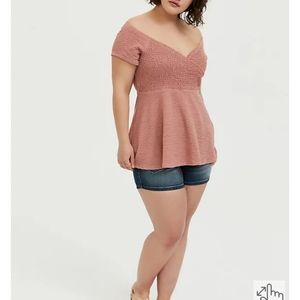 Torrid Dusty Pink Textured Smoked Off the Shoulder Babydoll Top Size 0